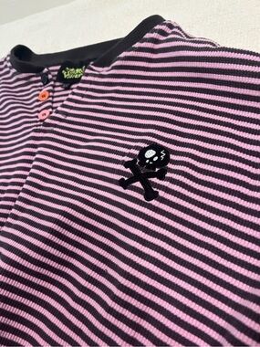 Striped Pink & Black Long Sleeve Tee with Skull Patch